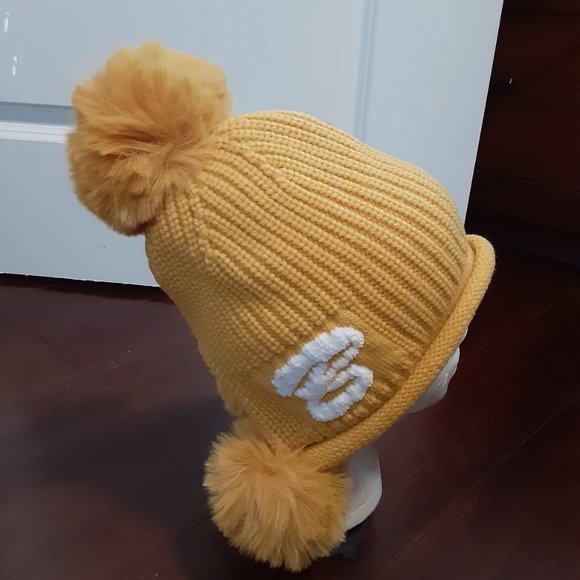 Golden Yellow Triple Pom Pom Fleece Lined Beanie Hat - Picture 2 of 8